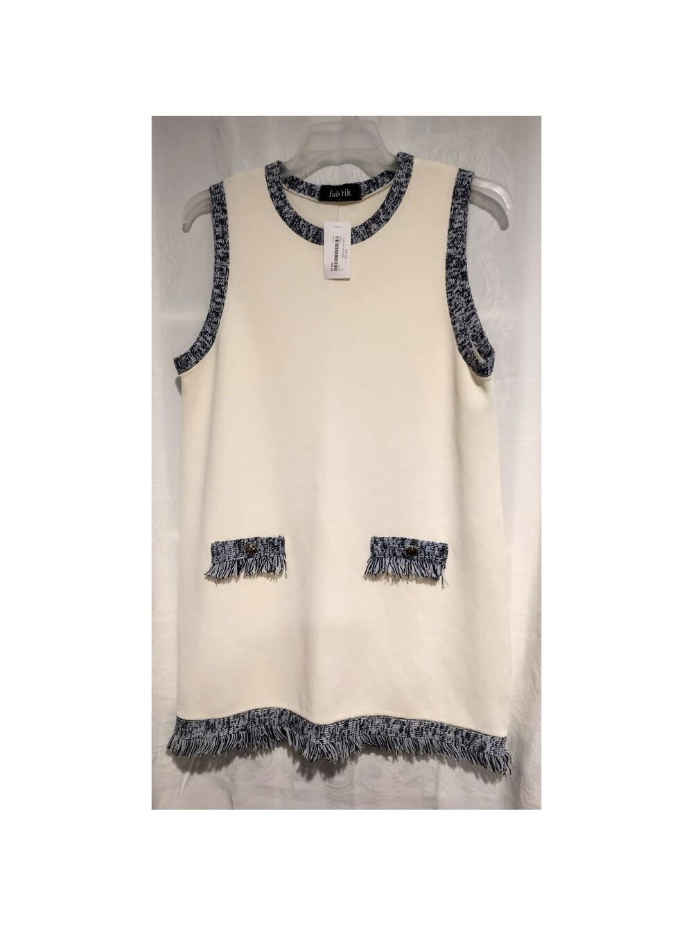 Fab'rik Large Cream Navy Tweed Mini Dress Preppy Coquette Quiet Luxury NWT